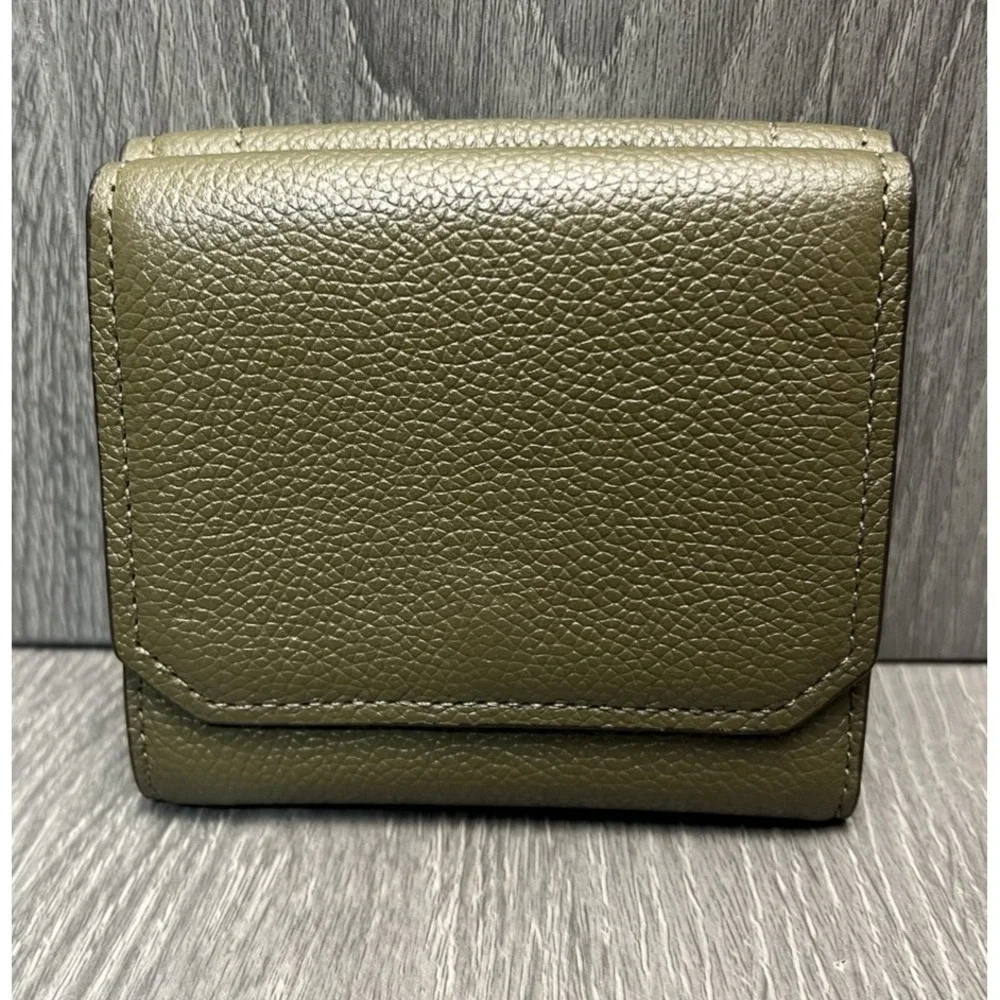Michael Kors Hayes Small Tri-Fold Wallet Olive Green Pebbled Leather Gold Logo